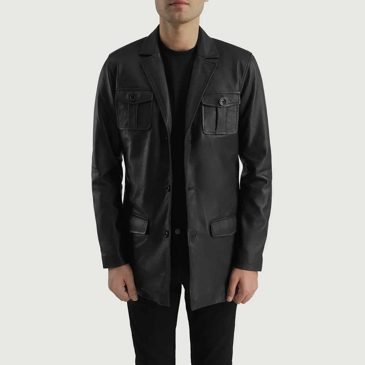 
Ray Cutler Black Leather Blazer in Black Sheepskin Leather - Вигляд спереду та приталений силует | Купити в офіційному онлайн-магазині