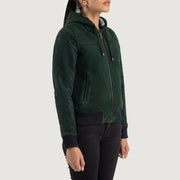 
Green Goatskin Suede Bomber Jacket - Вигляд ззаду з ідеальною посадкою по плечах та рівним подолом