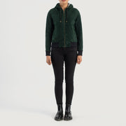 
Rebella Green Hooded Suede Bomber Jacket - Вигляд збоку з ергономічним кроєм рукава