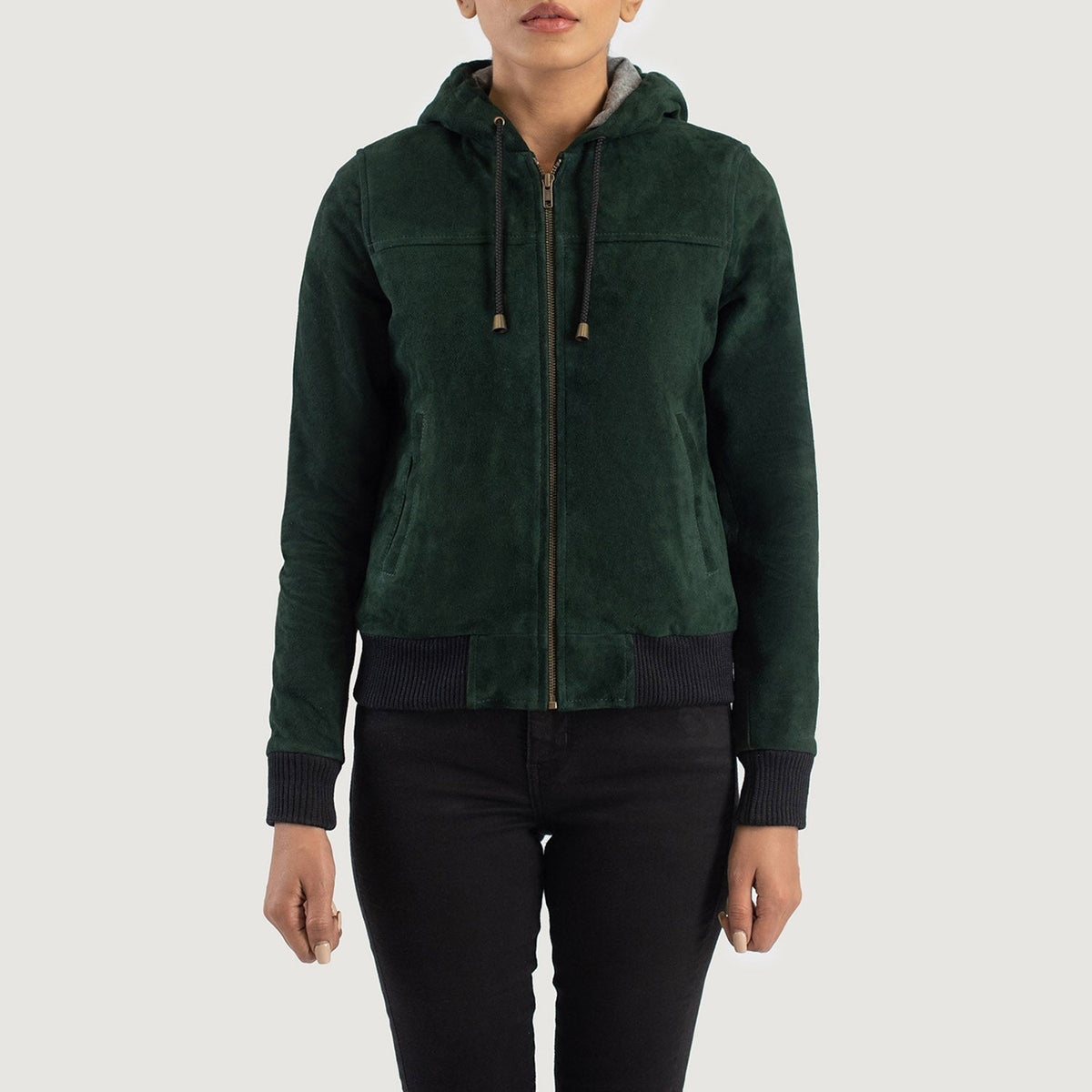 
Крупний план деталей of Hooded & Zipper Hardware on Rebella Green Hooded Suede Bomber Jacket