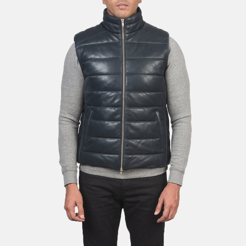
Крупний план деталей of Classic Collar & Zipper with Dual Puller Hardware on Reeves Синій Leather Утеплена жилетка для Чоловіків