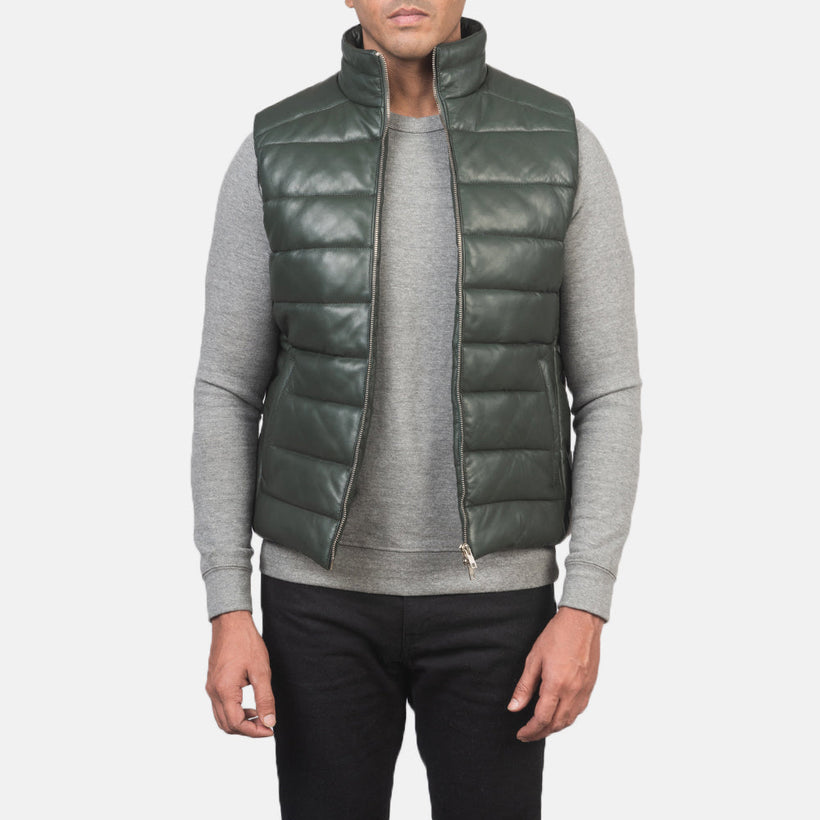 Reeves Green Leather Puffer Vest чоловіча