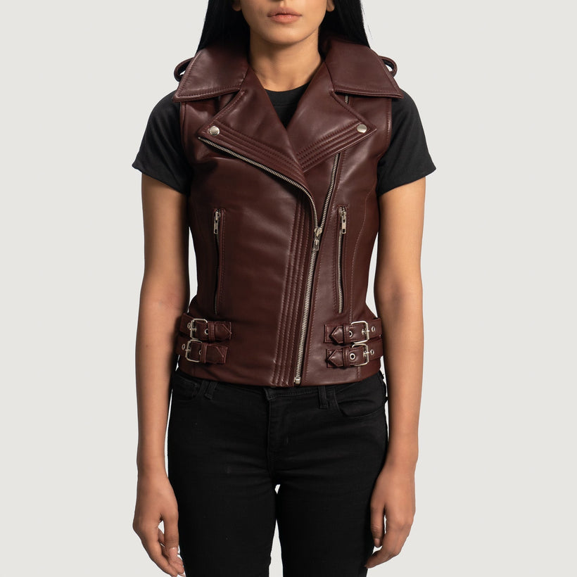 Rhonda Бордовий Leather Biker Vest для Жінок