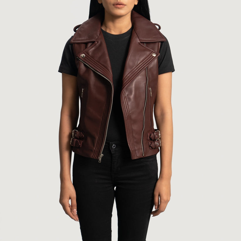 Rhonda Бордовий Leather Biker Vest для Жінок