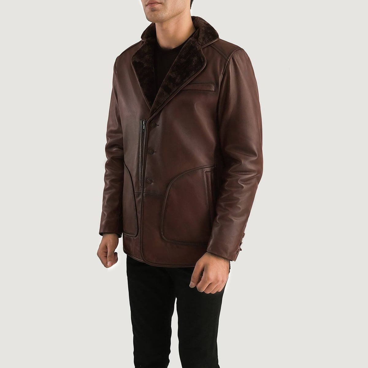 
Distressed Brown Sheepskin Burnishing Aviator Jacket - Вигляд ззаду з ідеальною посадкою по плечах та рівним подолом