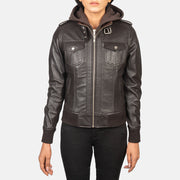 
Крупний план деталей of High Neck with Belt & Zipper Hardware on Roslyn Brown Hooded Leather Bomber Jacket