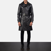 Close-Up Detail of Shirt & Heavy-Duty Zipper Hardware on Men's Royson Black Leather Duster Coat