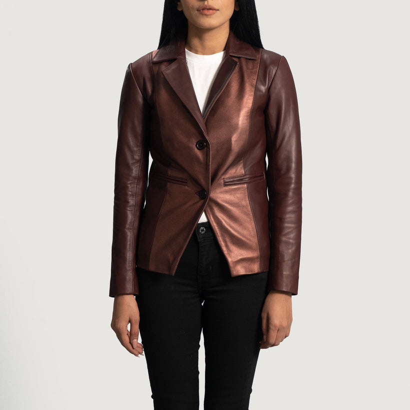 Ruby Metallic Бордовий Шкіряний блейзер для Жінок