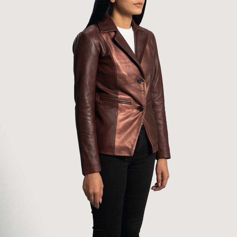 Ruby Metallic Бордовий Шкіряний блейзер для Жінок