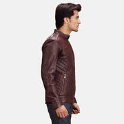 
Maroon Sheepskin Leather Biker Jacket - Вигляд ззаду з ідеальною посадкою по плечах та рівним подолом