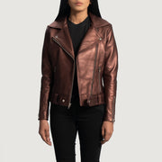
Rumy Maroon Leather Biker Jacket - Вигляд збоку з ергономічним кроєм рукава
