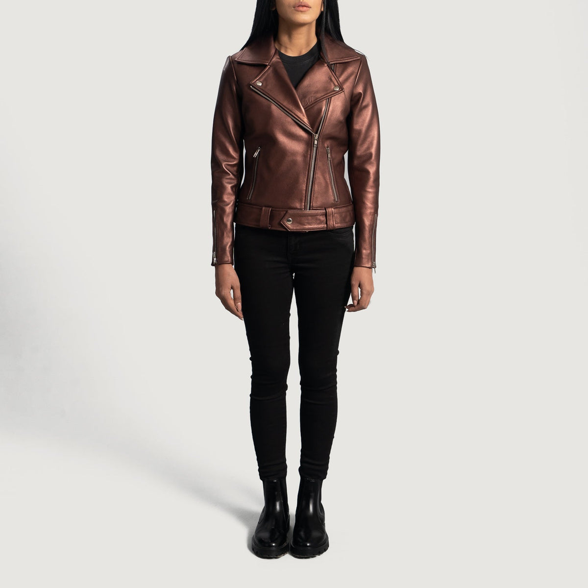 
Крупний план деталей of Notch & Zipper Hardware on Rumy Maroon Leather Biker Jacket