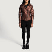 
Крупний план деталей of Notch & Zipper Hardware on Rumy Maroon Leather Biker Jacket