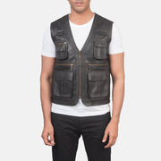 
Крупний план деталей of Classic Collar & Zipper Hardware on Safari Коричневий Шкіряний жилет для Чоловіків