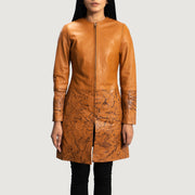 Women's Sandy Tan Dye Leather Coat in Tan Brown Sheepskin Dip &amp;Amp; Dye - Front Profile View &amp; Tailored Silhouette | Buy Online