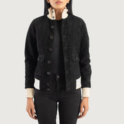 
Sasha A1 Black Suede Bomber Jacket in Black Goatskin Suede - Вигляд спереду та приталений силует | Купити в офіційному онлайн-магазині