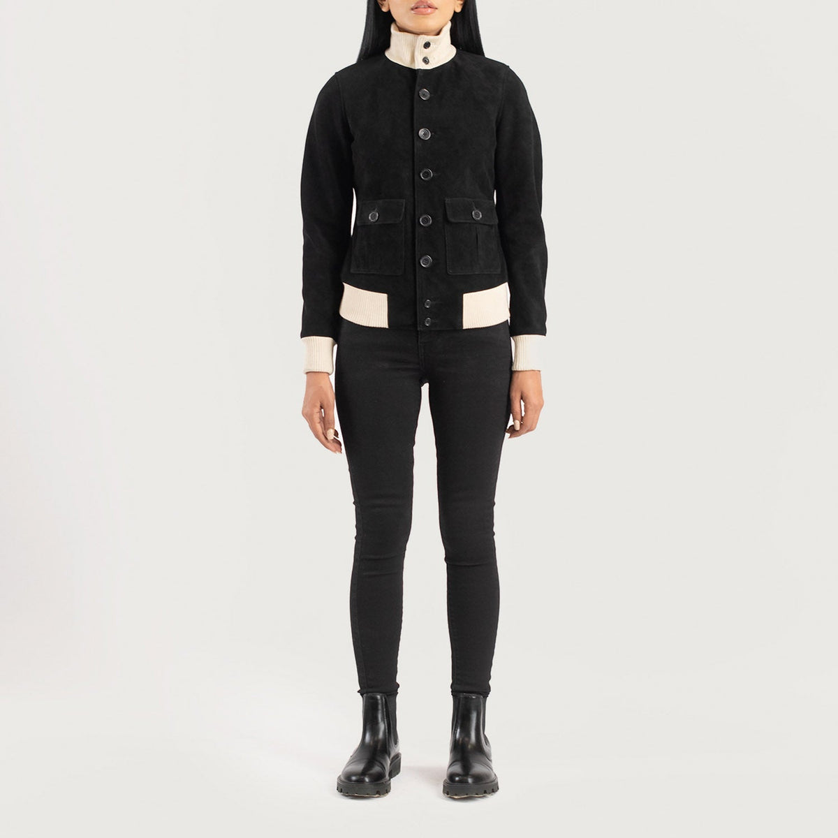 
Sasha A1 Black Suede Bomber Jacket - Вигляд збоку з ергономічним кроєм рукава