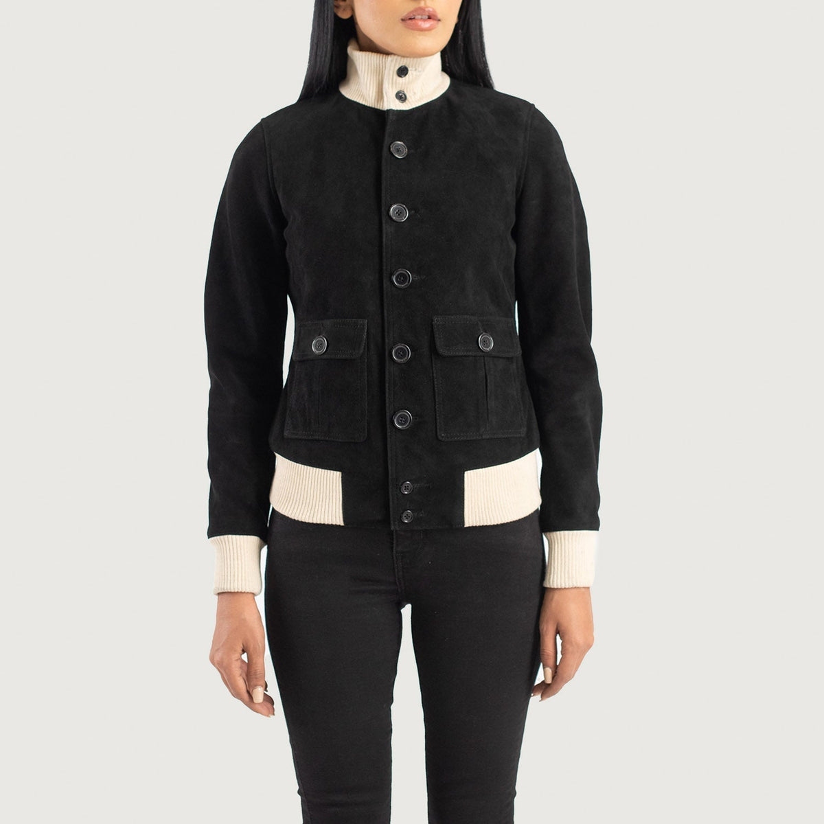 
Крупний план деталей of Knit Rib & Buttons Hardware on Sasha A1 Black Suede Bomber Jacket