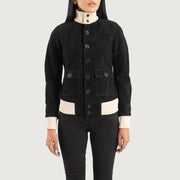 
Крупний план деталей of Knit Rib & Buttons Hardware on Sasha A1 Black Suede Bomber Jacket