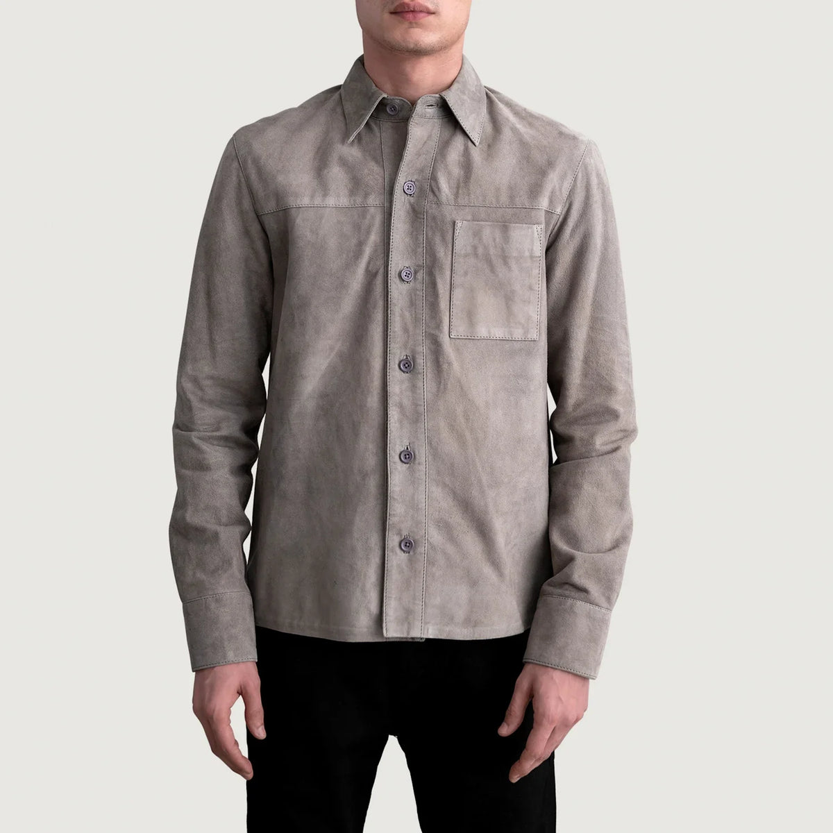 
Scout Grey Suede Leather Shirt для Чоловіків для Чоловіків - Вигляд збоку з ергономічним кроєм рукава