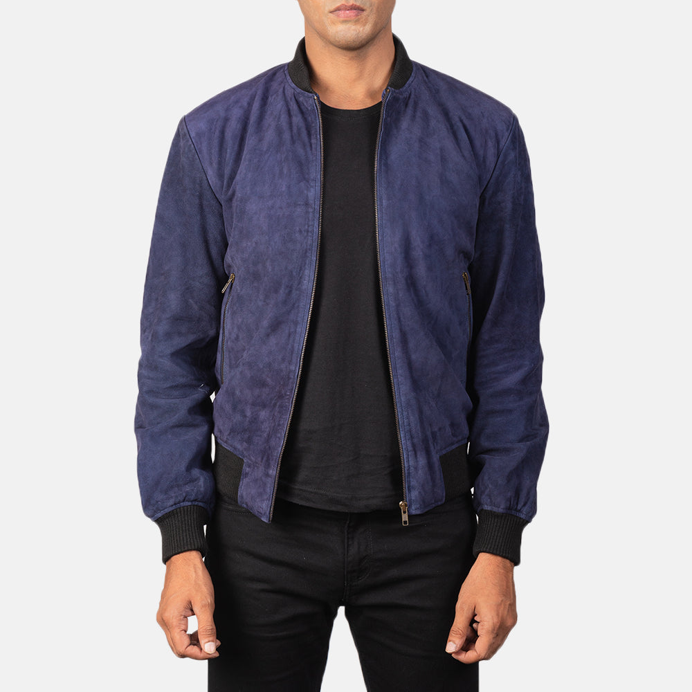 
Shane Navy Blue Suede Bomber Jacket in Blue Goatskin Suede - Вигляд спереду та приталений силует | Купити в офіційному онлайн-магазині
