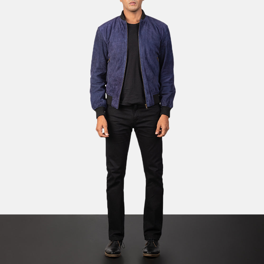 
Shane Navy Blue Suede Bomber Jacket - Вигляд збоку з ергономічним кроєм рукава