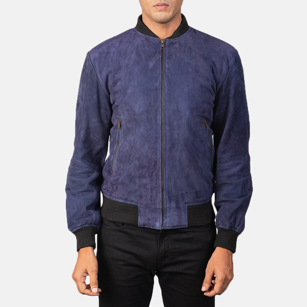 
Крупний план деталей of Varsity & Zipper Hardware on Shane Navy Blue Suede Bomber Jacket