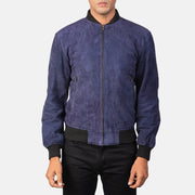 
Крупний план деталей of Varsity & Zipper Hardware on Shane Navy Blue Suede Bomber Jacket