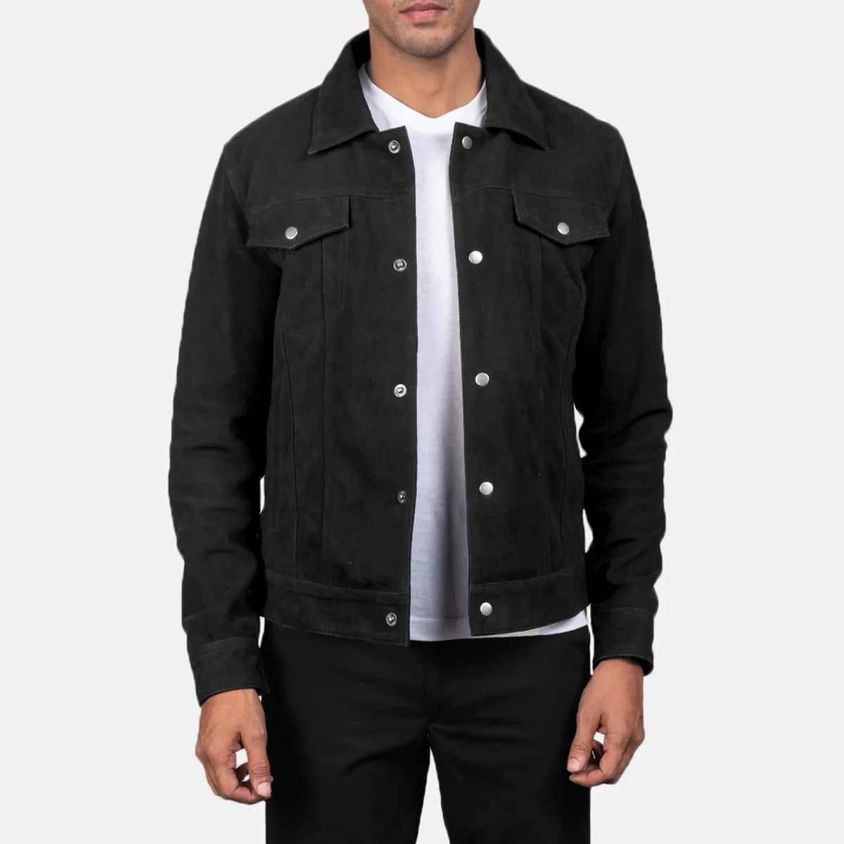 Men's Stallon Black Suede Jacket in Black Goatskin Suede - Front Profile View &amp; Tailored Silhouette | Buy Online