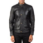 Men's Tea House Black Leather Biker Jacket - Lateral Side Profile View Showing Sleeve Cut &amp; Athletic Taper Fit