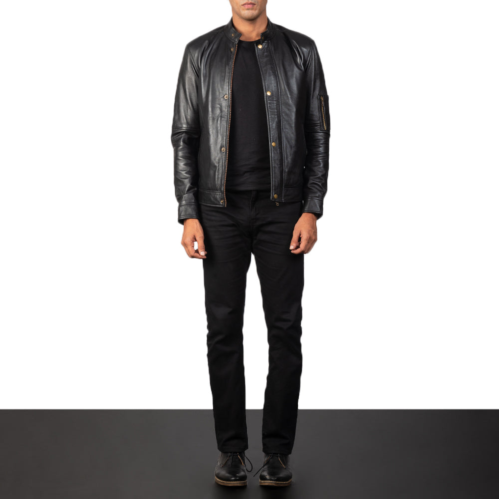 Close-Up Detail of Band with snap button &amp; Zipper Hardware on Men's Tea House Black Leather Biker Jacket