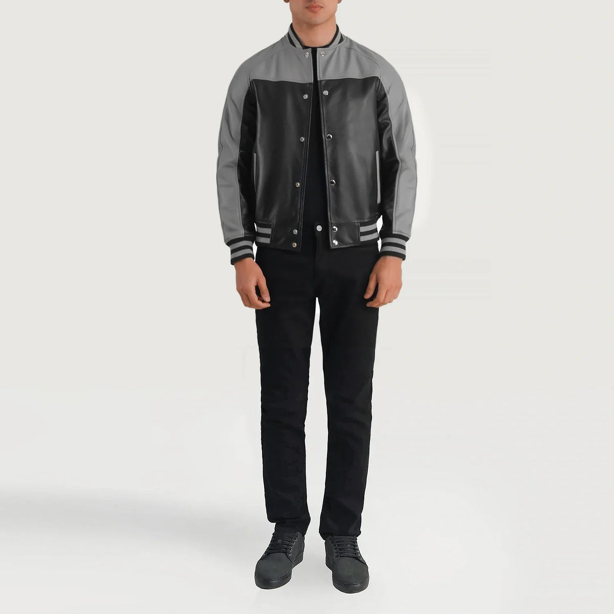 
Terrance Black & Red Leather Varsity Jacket - Вигляд збоку з ергономічним кроєм рукава