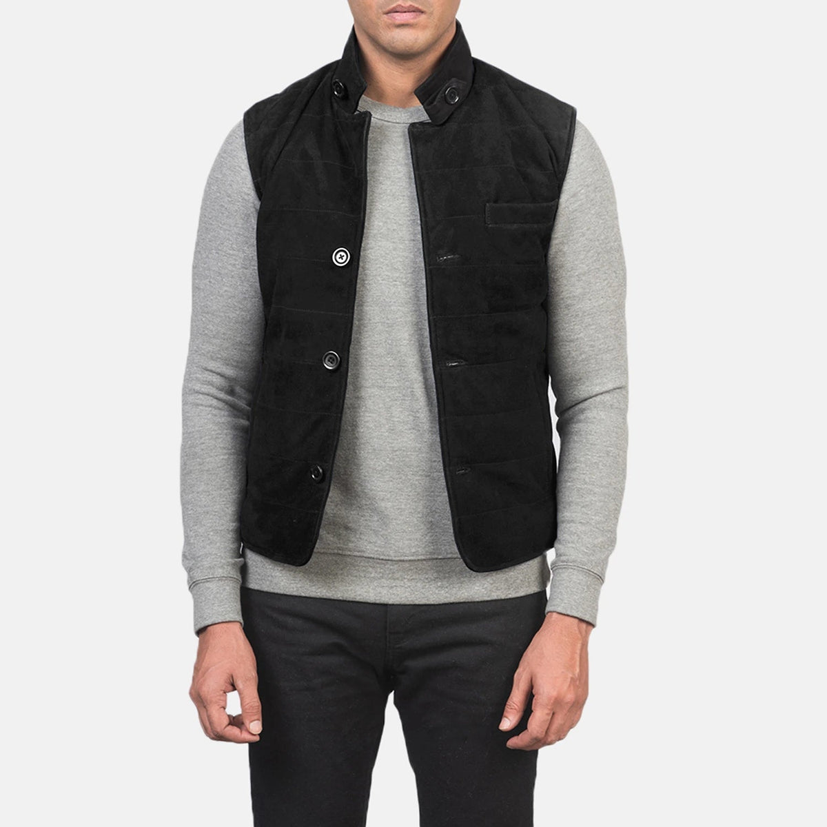 Tony Чорна Suede Vest чоловіча in Black Goatskin Suede - Front Profile View &amp; Tailored Silhouette | Buy Online