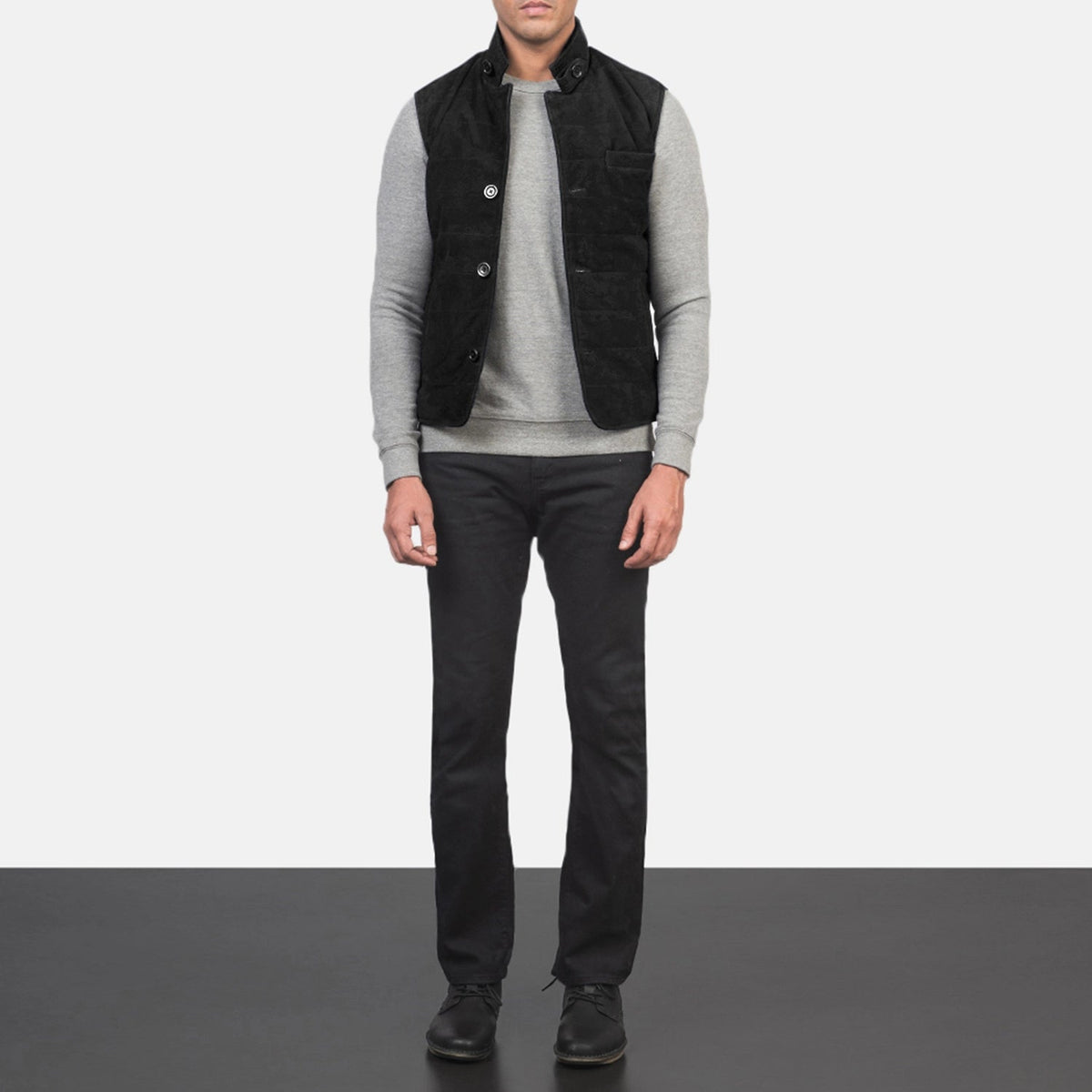 Tony Чорна Suede Vest чоловіча - Lateral Side Profile View Showing Sleeve Cut &amp; Athletic Taper Fit