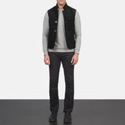 Tony Чорна Suede Vest чоловіча - Lateral Side Profile View Showing Sleeve Cut &amp; Athletic Taper Fit