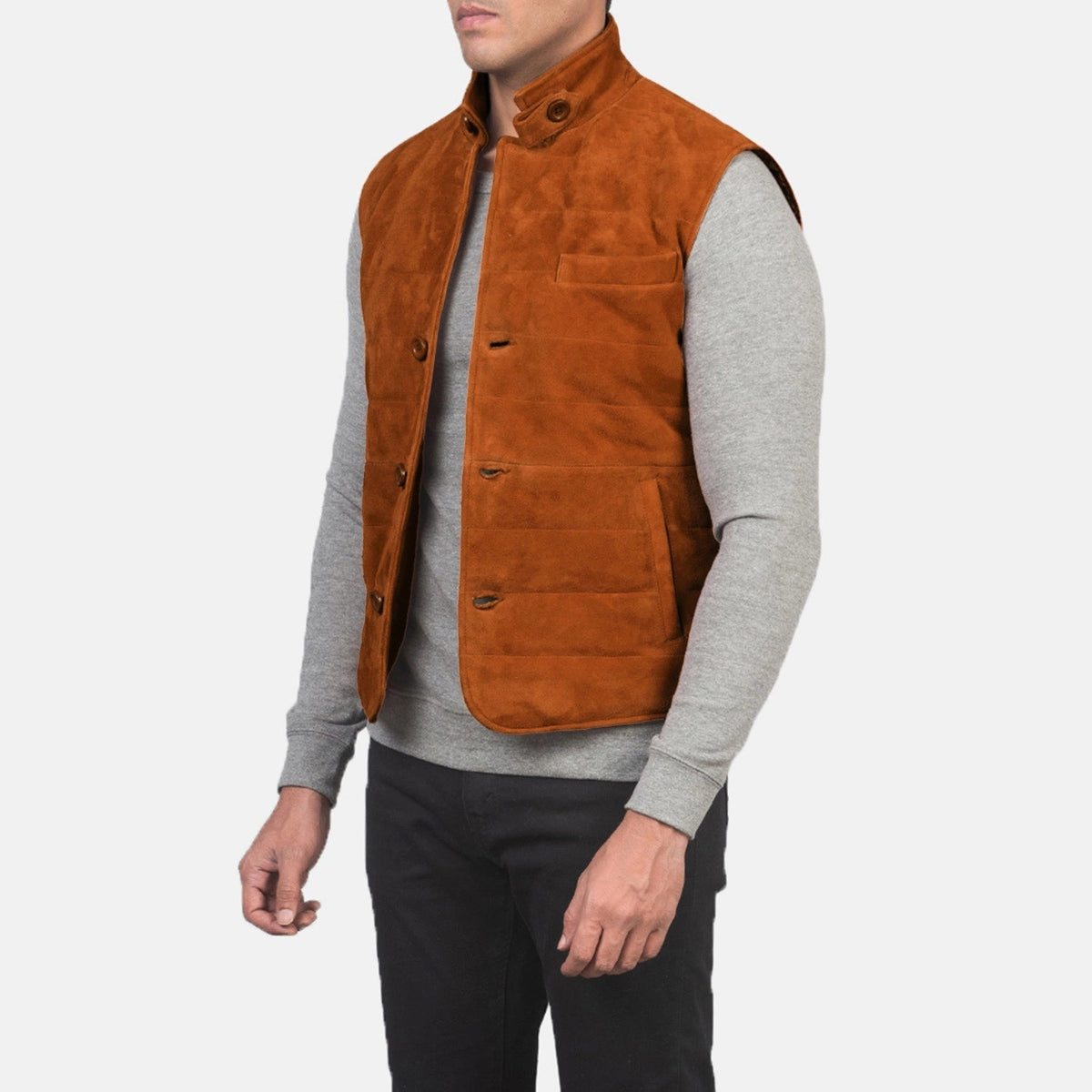 
Brown Goatskin Suede Leather Vest - Вигляд ззаду з ідеальною посадкою по плечах та рівним подолом