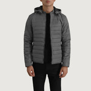
Tyler Grey Hooded Puffer Шкіряна куртка для Чоловіків in Grey Full-Grain Leather - Вигляд спереду та приталений силует | Купити в офіційному онлайн-магазині