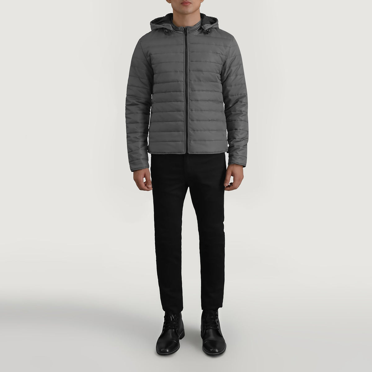 
Tyler Grey Hooded Puffer Шкіряна куртка для Чоловіків - Вигляд збоку з ергономічним кроєм рукава