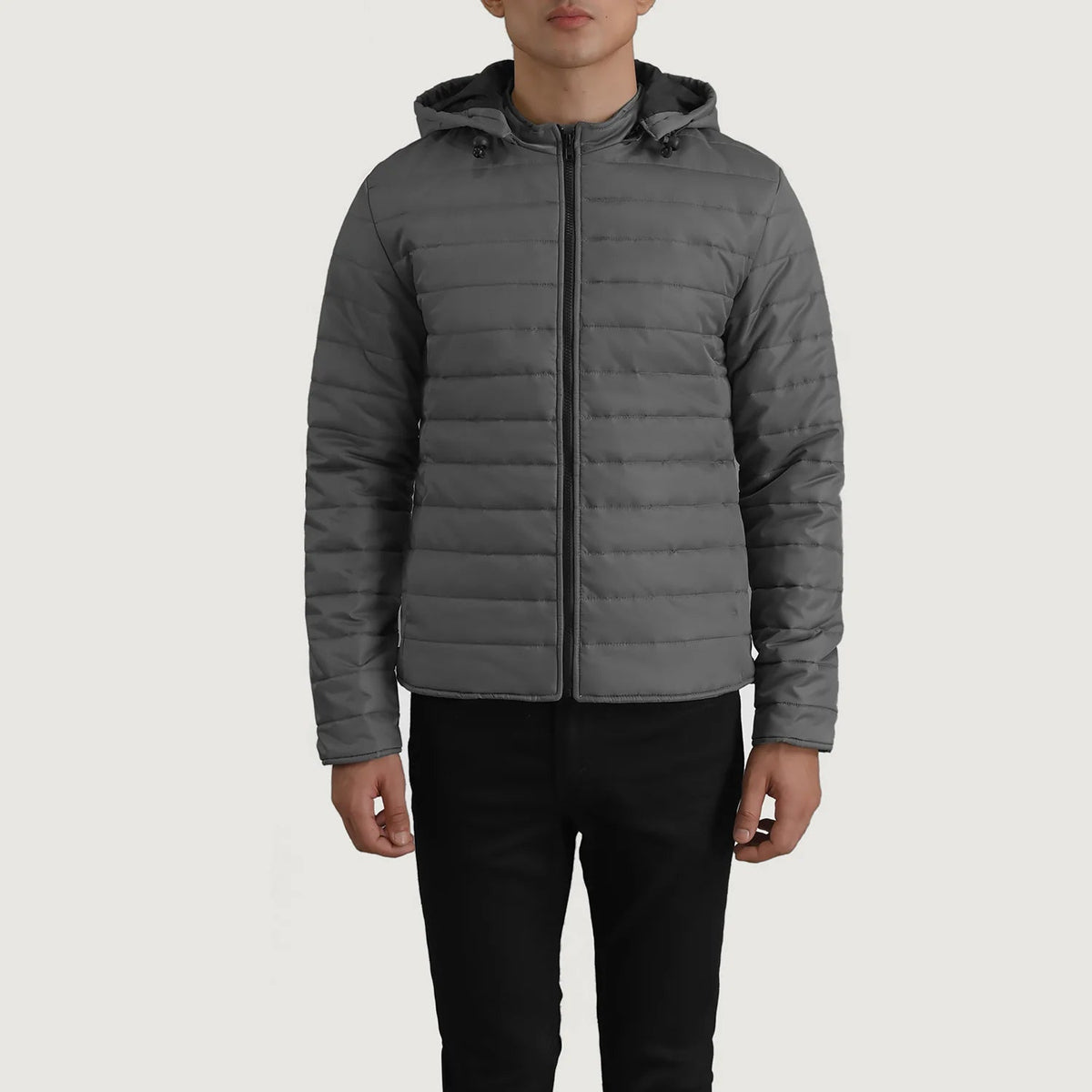 
Крупний план деталей of Classic Collar & Zipper Hardware on Tyler Grey Hooded Puffer Шкіряна куртка для Чоловіків
