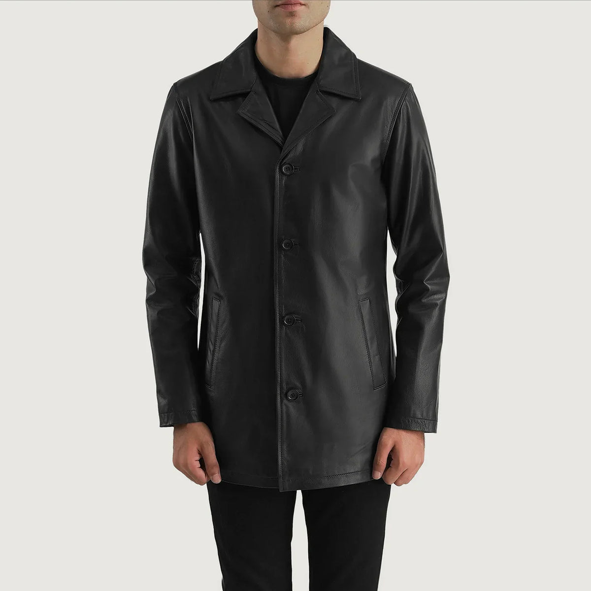 
Urban Slate Чорний Шкіряне пальто для Чоловіків in Black Cowhide (Lt-071) Leather - Вигляд спереду та приталений силует | Купити в офіційному онлайн-магазині