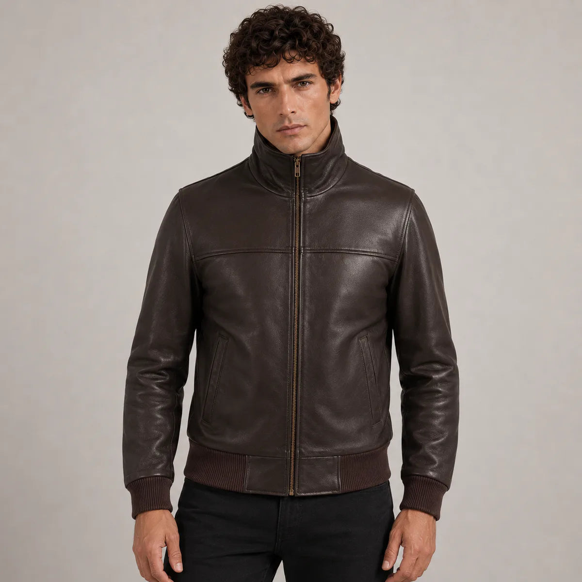 Dark Brown Sheepskin Leather Bomber Jacket in Dark Brown Authentic Sheepskin &amp;Amp; Shearling - Front Profile View &amp; Tailored Silhouette | Buy Online