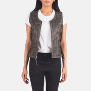 
Vanda Distressed Коричневий Leather Biker Vest для Жінок in Distressed Brown Goatskin Leather - Вигляд спереду та приталений силует | Купити в офіційному онлайн-магазині