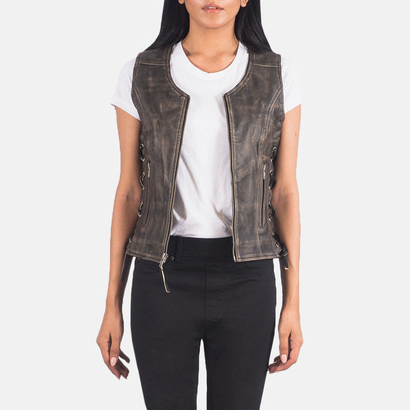 Vanda Distressed Коричневий Leather Biker Vest для Жінок
