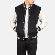 
Vaxton Чорний & White Hybrid Varsity Шкіряна куртка для Чоловіків in Black & White Sheepskin Leather - Вигляд спереду та приталений силует | Купити в офіційному онлайн-магазині