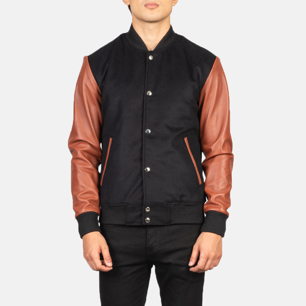 
Крупний план деталей of Varsity & Snap Buttons Hardware on Vaxton Brown Hybrid Varsity Jacket
