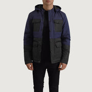 
Wayne Чорний & Синій Hooded Puffer Шкіряна куртка для Чоловіків in Black + Blue Full-Grain Leather - Вигляд спереду та приталений силует | Купити в офіційному онлайн-магазині