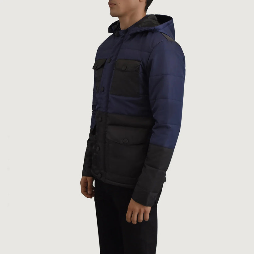 Wayne Чорний & Синій Hooded Puffer Шкіряна куртка для Чоловіків