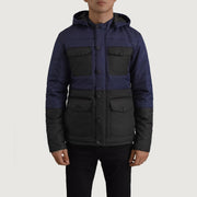
Крупний план деталей of Classic Collar & Heavy-Duty Zipper Hardware on Wayne Чорний & Синій Hooded Puffer Шкіряна куртка для Чоловіків
