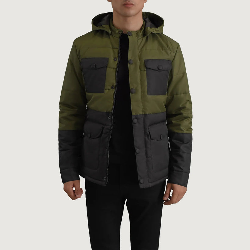 Wayne Чорний & Оливковий Hooded Puffer Шкіряна куртка для Чоловіків