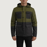 
Крупний план деталей of Classic Collar & Heavy-Duty Zipper Hardware on Wayne Чорний & Оливковий Hooded Puffer Шкіряна куртка для Чоловіків
